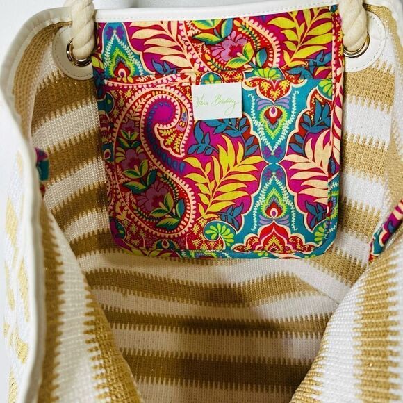 Vera Bradley White Gold Tan Striped Rope Handle Beach Bag Tote - Picture 5 of 10